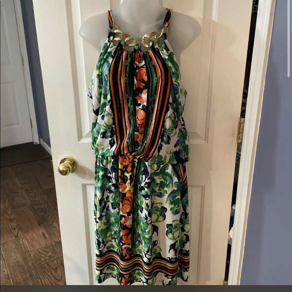 CB ESTABLISHED 1962 Sleeveless Sz 10 Patterned Necklace Dress B1￼ Elastic Waist